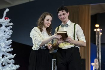 A Wonderful Life; Mary and George. Mary Hatch Bailey and George Bailey in a stage performance of A Wonderful Life.