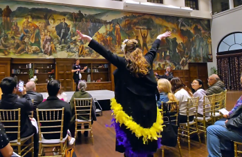 Papagena enters. Leah Bell entering in character as Papagena during a concert performance.
